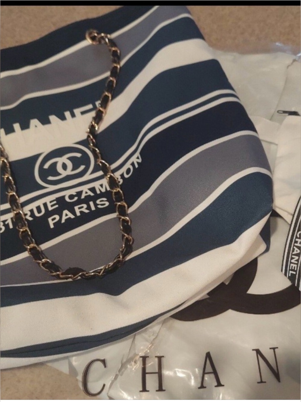 Luxury Tote Navy, White & Gray Striped Chain-Handle Tote NWT - Picture 9 of 12